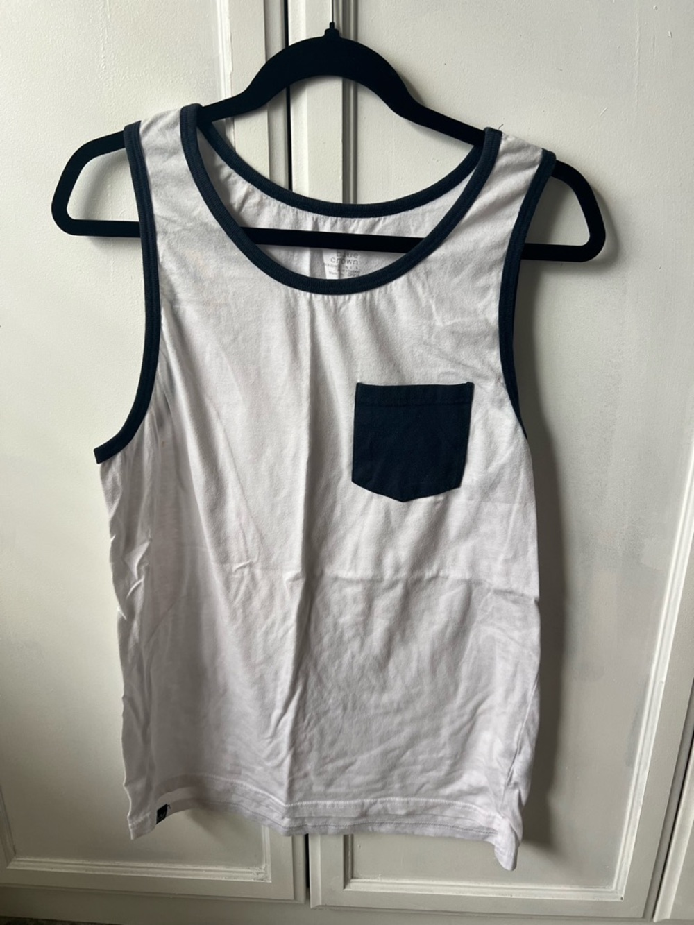 Classic White Tank Top with Navy Trim and Pocket